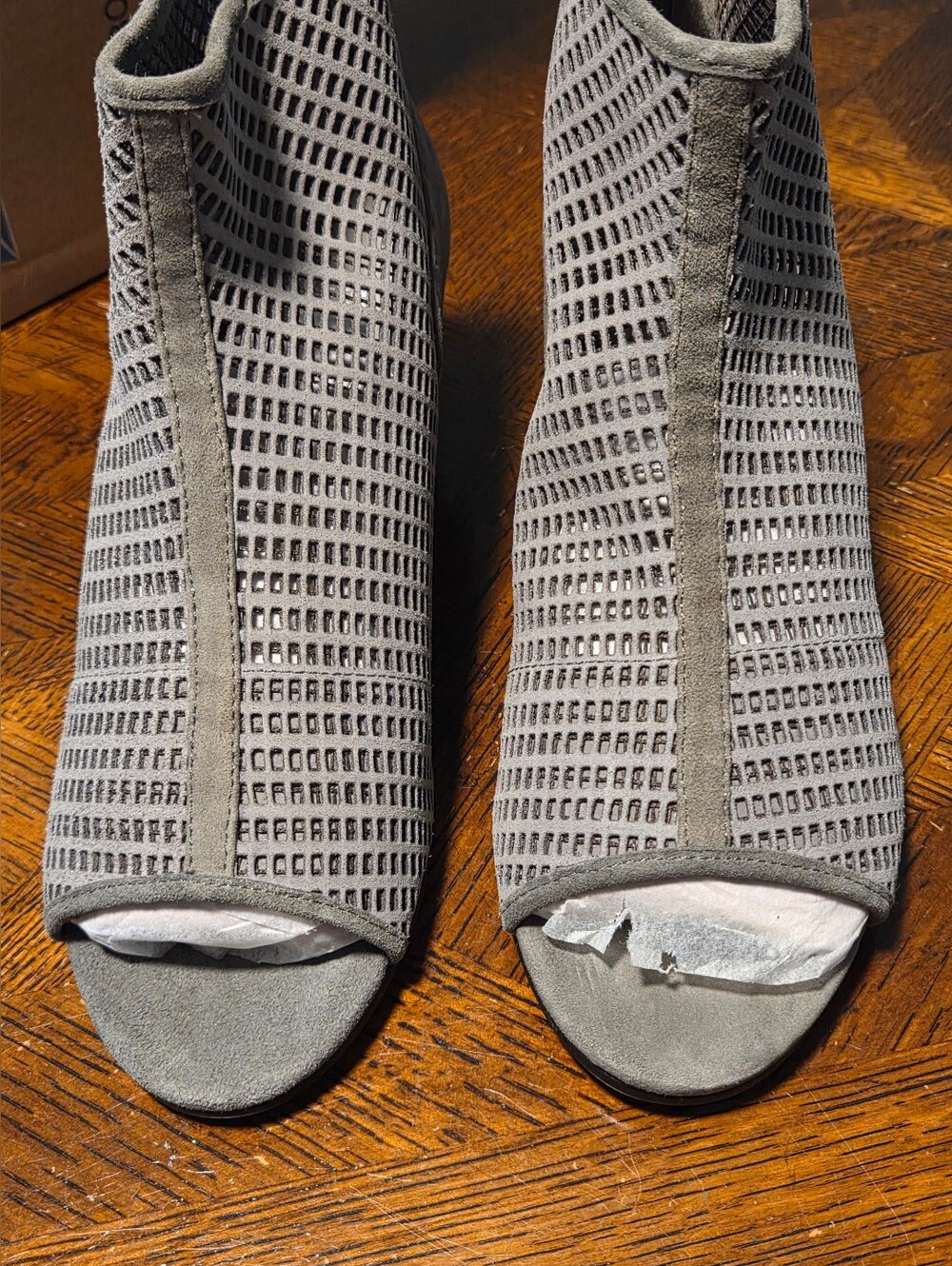 Eileen Fisher Lagenlook Quiet Luxury Perforated Suede Peep Toe Booties Gray 8.5